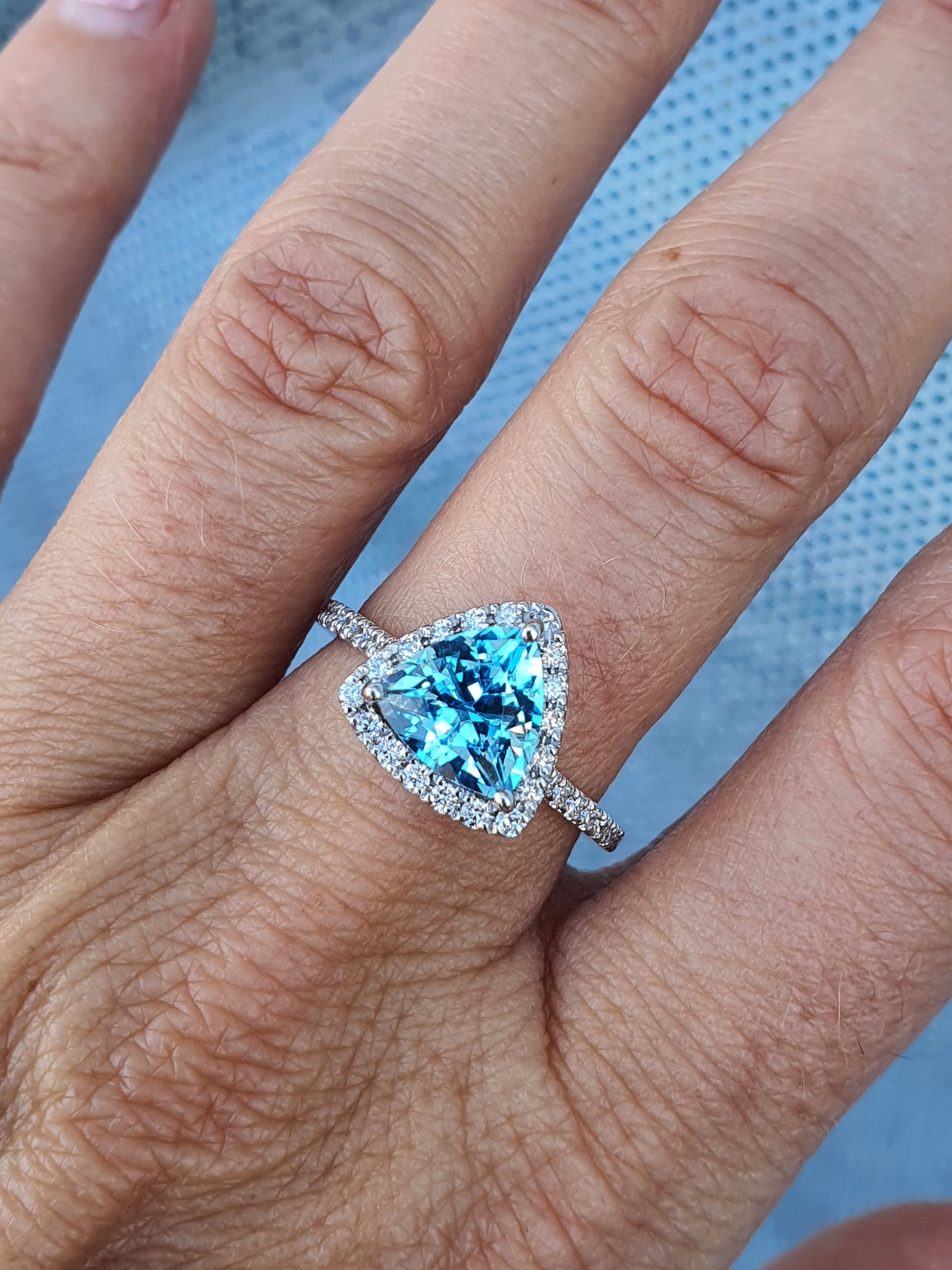 Trilliant Cut Aquamarine and Diamond Ring