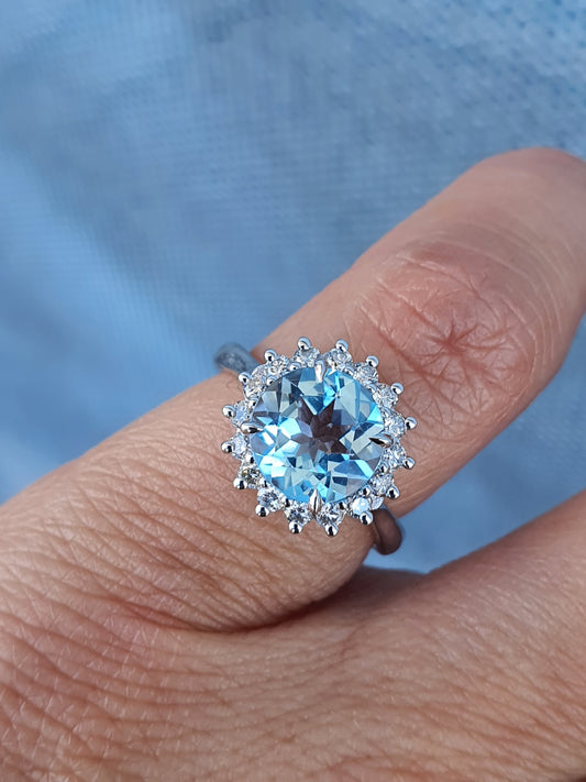 Round Aquamarine and Diamond Ring